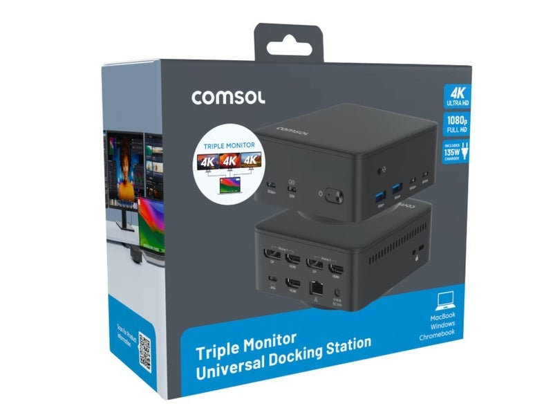 Comsol Universal Dock, USB-C, Triple 4K, 98W, HDMI 3 DP 2 USB-A 2 , 2YR WTY - DS34HDVS