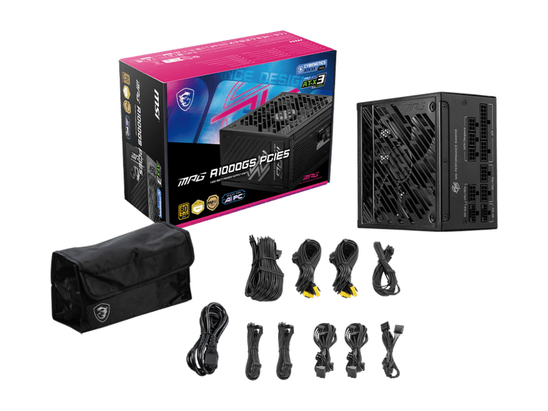 MSI MPG A1000GS PCIE5 1000W ATX Power Supply Unit, 80 PLUS Gold, Fully modular flat cables, 0 RPM Mode, Active PFC design