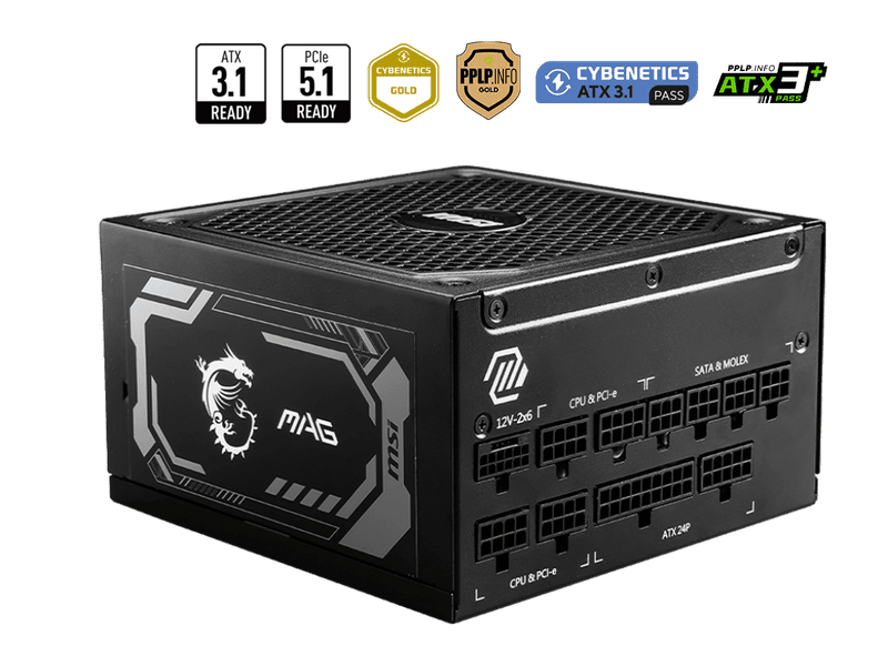 MSI MAG A1000GL PCIE5 ATX Power Supply Unit, 80 PLUS Gold, Fully modular flat cables, 0 RPM Mode, Active PFC design