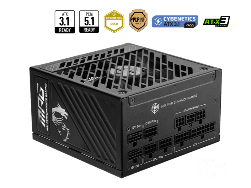 MSI MPG A1000GS PCIE5 1000W ATX Power Supply Unit, 80 PLUS Gold, Fully modular flat cables, 0 RPM Mode, Active PFC design
