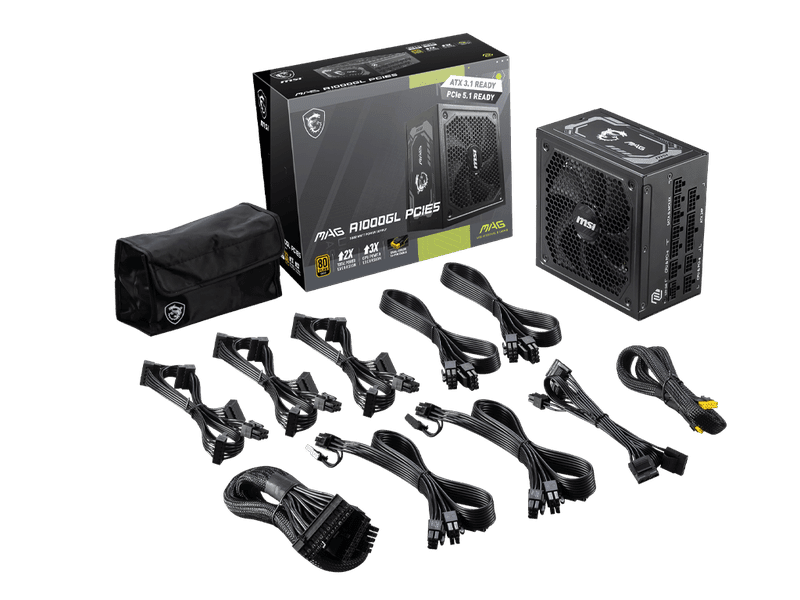 MSI MAG A1000GL PCIE5 ATX Power Supply Unit, 80 PLUS Gold, Fully modular flat cables, 0 RPM Mode, Active PFC design