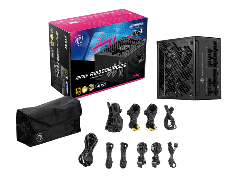 MSI MAG A1250GS PCIE5 ATX Power Supply Unit, 80 PLUS Gold, Fully modular flat cables, 0 RPM Mode, Active PFC design