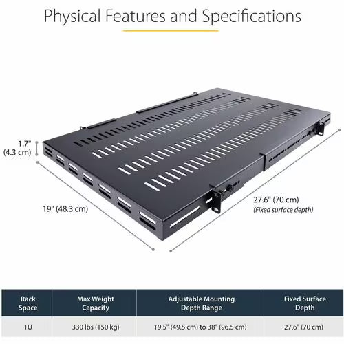 StarTech 1U Adjustable Mounting Depth Vented Rack Mount Shelf - Heavy Duty Fixed Rack Shelf - 250lbs / 113kg