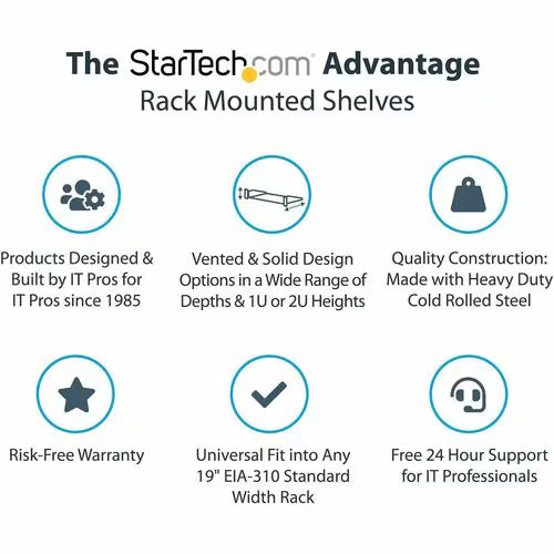 StarTech 1U Server Rack Shelf, Universal Rack Mount Cantilever Tray for 19" Network Equipment Rack, Heavy Duty Steel, 7" (17.8cm) Deep