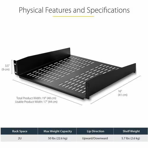 StarTech 2U 16in Universal Vented Rack Mount Cantilever Shelf - Fixed Server Rack Cabinet Shelf - 50lbs / 22kg