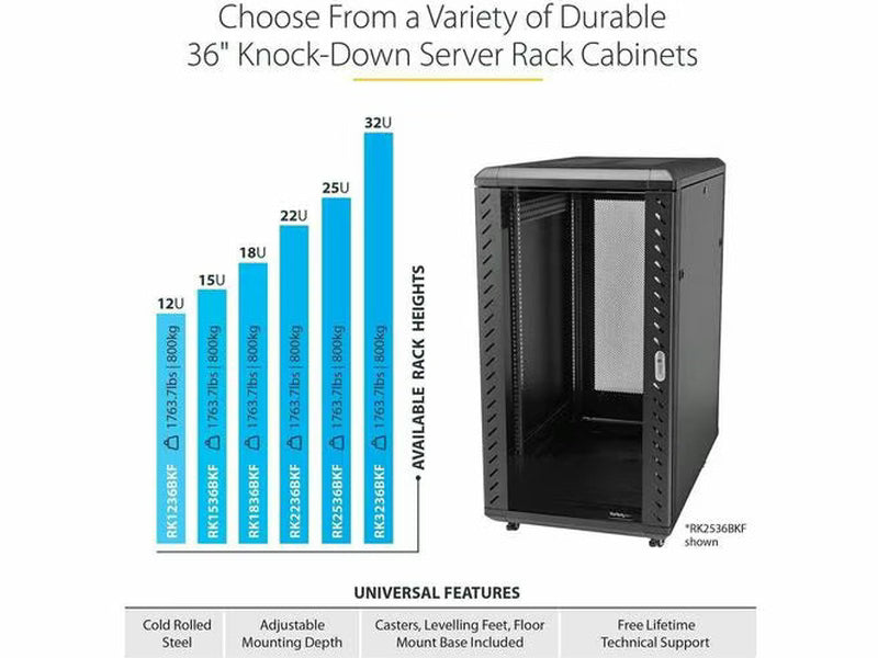 StarTech 22U 36in Knock-Down Server Rack Cabinet with Casters