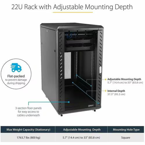 StarTech 22U 36in Knock-Down Server Rack Cabinet with Casters
