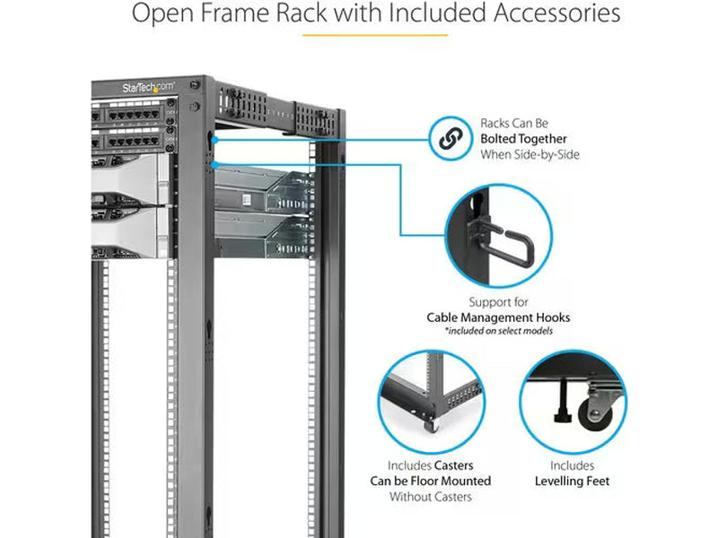 StarTech 25U Adjustable Depth Open Frame 4 Post Server Rack w/ Casters / Levelers and Cable ManagementHooks