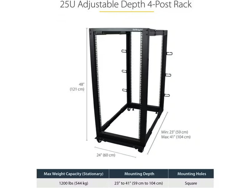 StarTech 25U Adjustable Depth Open Frame 4 Post Server Rack w/ Casters / Levelers and Cable ManagementHooks