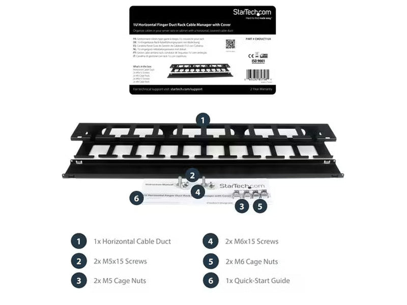 StarTech 1U Horizontal Finger Duct Rack Cable Management Panel with Cover