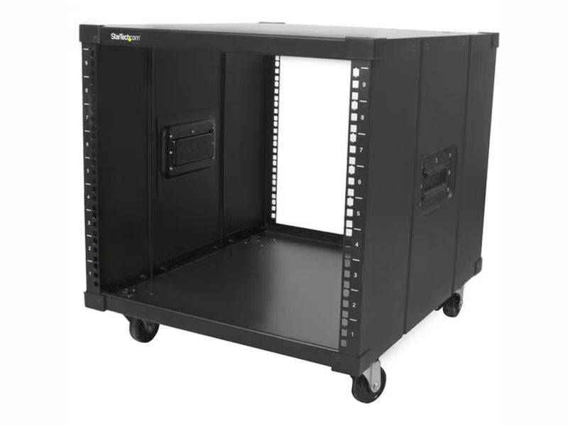 StarTech 4-Post 9U Mobile Open Frame Server Rack, 19" Network Rolling Rack for Narrow Spaces, Small Data Rack with Casters