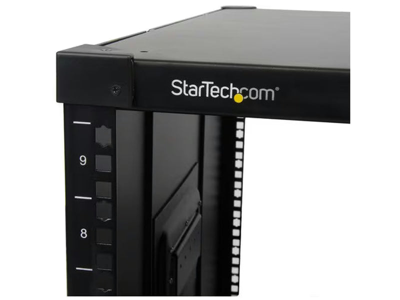 StarTech 4-Post 9U Mobile Open Frame Server Rack, 19" Network Rolling Rack for Narrow Spaces, Small Data Rack with Casters