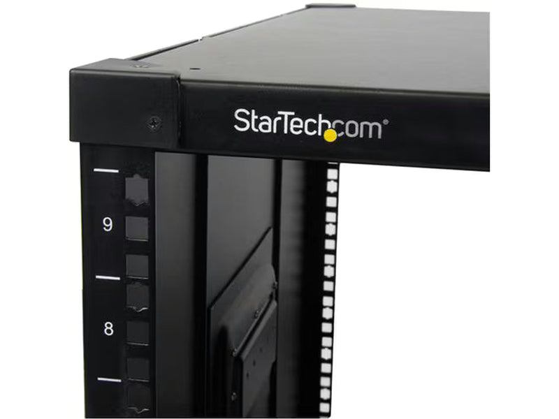 StarTech 4-Post 9U Mobile Open Frame Server Rack, 19" Network Rolling Rack for Narrow Spaces, Small Data Rack with Casters