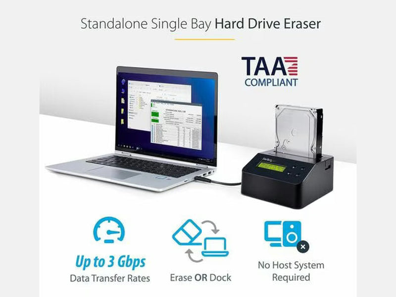 StarTech Single Bay SSD/HDD Hard Drive Eraser, 2.5"/3.5" , Standalone Wiper, Disk Sanitizer, Hardware Wiper Erasing Tool
