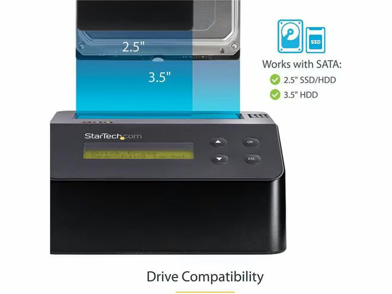 StarTech Single Bay SSD/HDD Hard Drive Eraser, 2.5"/3.5" , Standalone Wiper, Disk Sanitizer, Hardware Wiper Erasing Tool