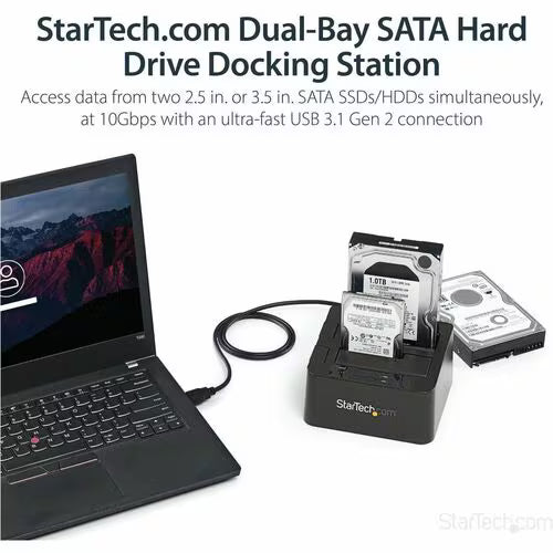 StarTech Dual-Bay USB 3.2 Gen 2 to SATA Hard Drive Docking Station, USB 10Gbps Hard Drive Dock, External 2.5/3.5" SATA I/II/III SSD/HDD Docking Station