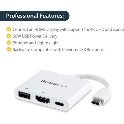 StarTech USB-C to 4K HDMI Multifunction Adapter withPower Delivery and USB-A Port - White