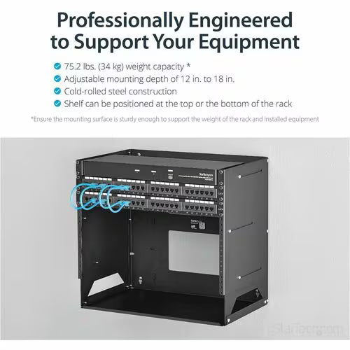 StarTech 2-Post 8U Open Frame Wall Mount Network Rack with Built-in Shelf and Adjustable Depth, Computer Rack for IT Equipment