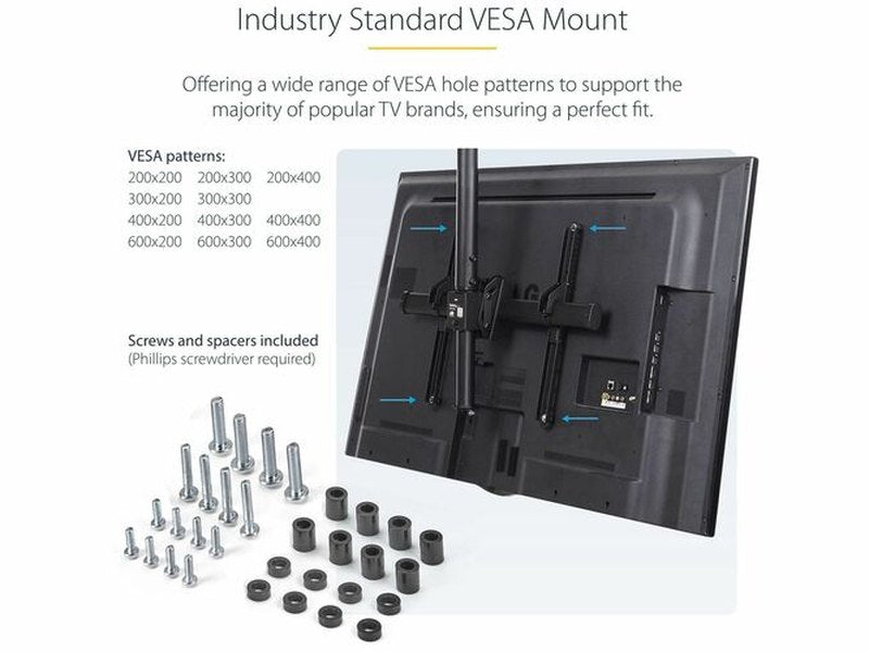 StarTech.com FLATPNLCEIL TV Ceiling Mount, Full-Motion Hanging Single Screen Vesa Mount for 32"-75" TVs / Displays - Height Adjustable Telescopic Pole