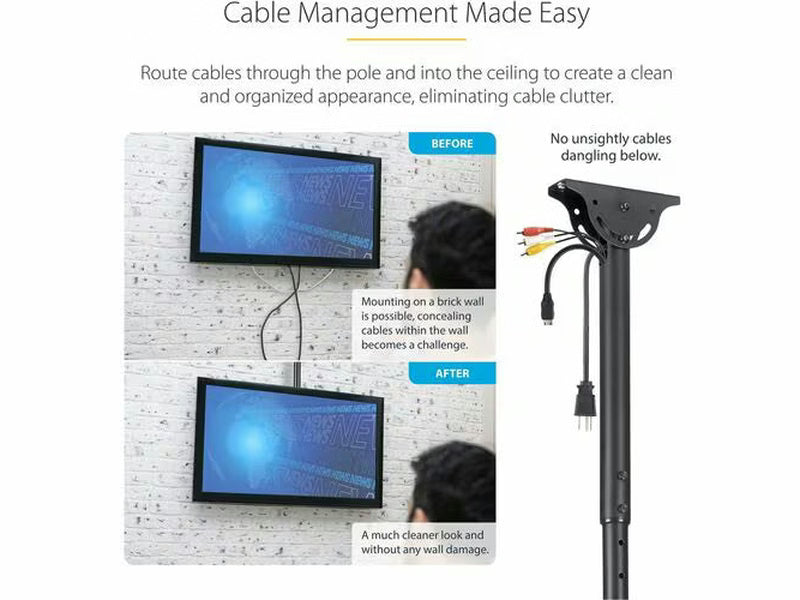 StarTech.com FLATPNLCEIL TV Ceiling Mount, Full-Motion Hanging Single Screen Vesa Mount for 32"-75" TVs / Displays - Height Adjustable Telescopic Pole