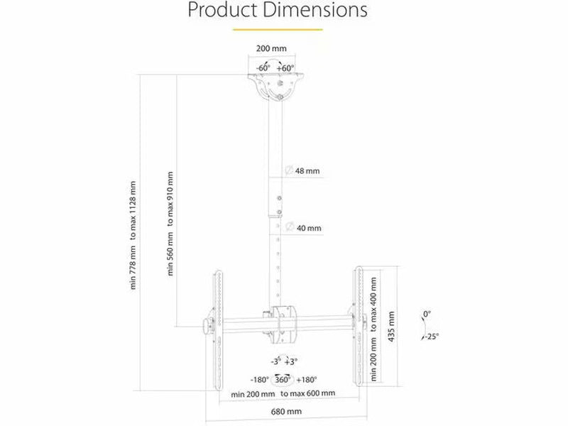 StarTech Flat-Screen TV Ceiling Mount - Full-Motion Hanging Single Screen Vesa Mount for 32"-75" TVs / Displays - Height Adjustable Telescopic Pole