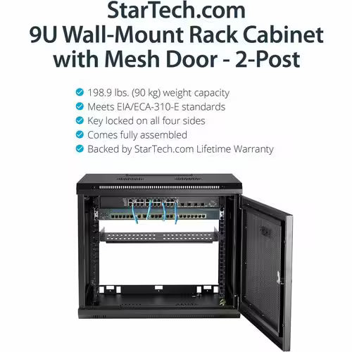 StarTech 2-Post 9U Wall Mount Network Cabinet, 19" Wall-Mounted Server Rack for Data / IT Equipment, Small Lockable Rack Enclosure
