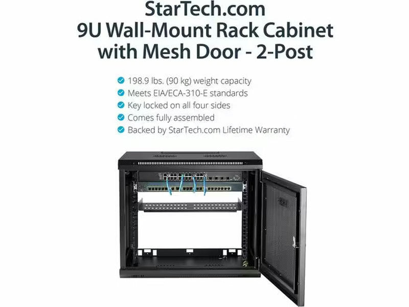 StarTech 2-Post 9U Wall Mount Network Cabinet, 19" Wall-Mounted Server Rack for Data / IT Equipment, Small Lockable Rack Enclosure