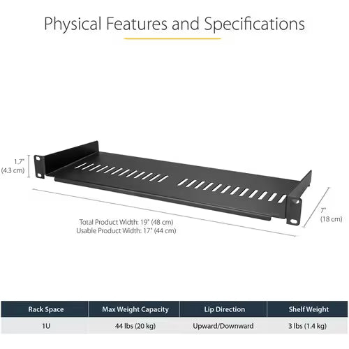 StarTech 1U Vented Server Rack Cabinet Shelf - Fixed 7in Deep Cantilever Rackmount Tray for 19" Data/AV/Network Enclosure w/Cage Nuts