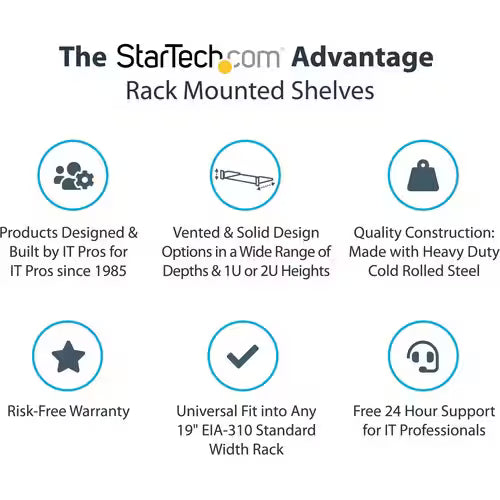 StarTech 1U Vented Server Rack Cabinet Shelf - Fixed 7in Deep Cantilever Rackmount Tray for 19" Data/AV/Network Enclosure w/Cage Nuts