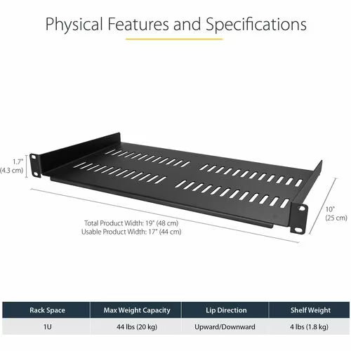 StarTech 1U Vented Server Rack Cabinet Shelf - Fixed 10in Deep Cantilever Rackmount Tray for 19" Data/AV/Network Enclosure w/Cage Nuts