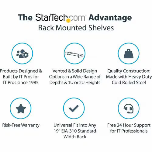 StarTech 1U Vented Server Rack Cabinet Shelf - Fixed 10in Deep Cantilever Rackmount Tray for 19" Data/AV/Network Enclosure w/Cage Nuts
