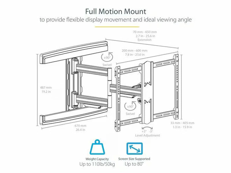 StarTech Full-Motion TV Wall Mount - Articulating Arm for up to 80" VESA Mount Displays