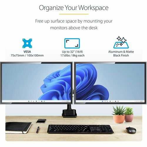 StarTech Desk Mount Dual Monitor Arm, Full Motion Monitor Mount for 2x VESA Displays up to 32" (17.6lb/8kg)