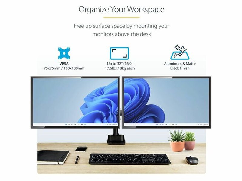 StarTech Desk Mount Dual Monitor Arm, Full Motion Monitor Mount for 2x VESA Displays up to 32" 17.6lb/8kg