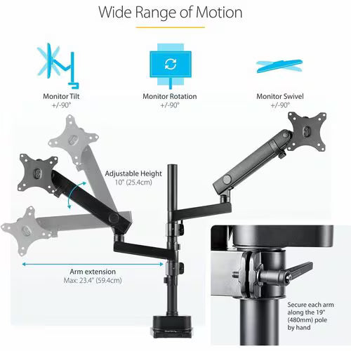 StarTech Desk Mount Dual Monitor Arm, Full Motion Monitor Mount for 2x VESA Displays up to 32" (17.6lb/8kg)
