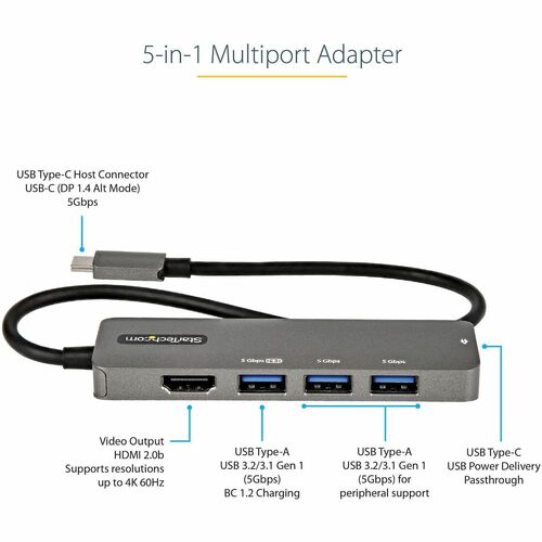 StarTech USB C Multiport Adapter, USB-C to HDMI 4K 60Hz HDR10 , 100W PD Pass-Through, 4xUSB 3.0, USB Type-C Mini Dock, 12" Long Cable
