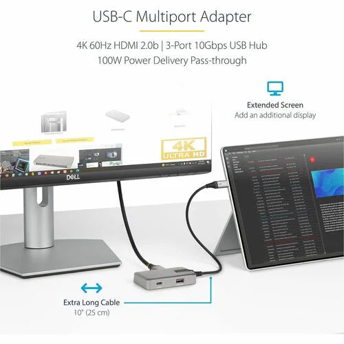 StarTech USB C Multiport Adapter, 4K 60Hz HDMI 2.0, 100W PD Pass-through, USB Hub, USB Type-C Mini Docking Station, 10" 25cm Cable
