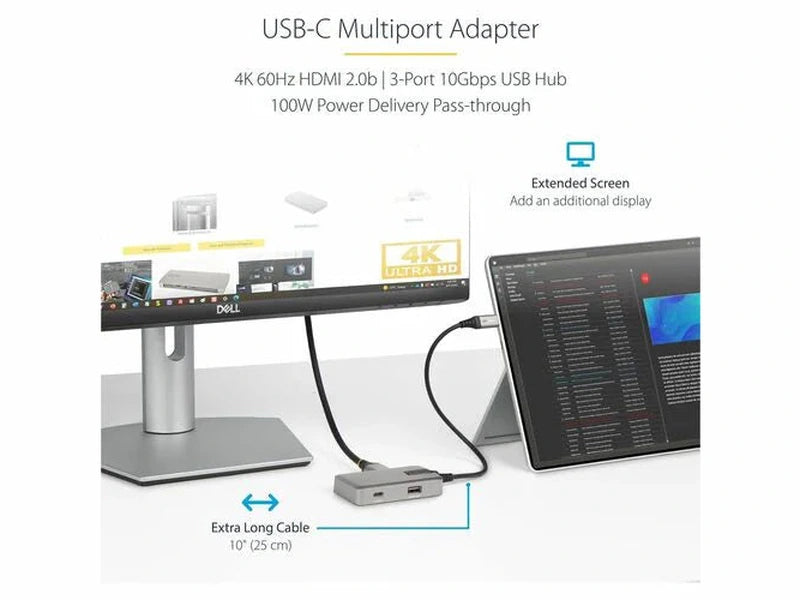 StarTech USB C Multiport Adapter, 4K 60Hz HDMI 2.0, 100W PD Pass-through, USB Hub, USB Type-C Mini Docking Station, 10" 25cm Cable