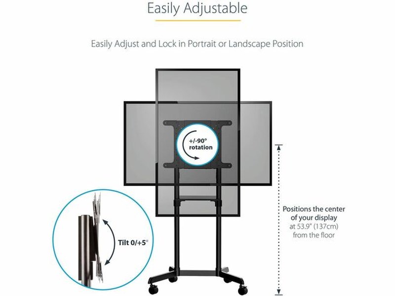 StarTech Mobile TV Cart, Portable Rolling TV Stand, 37-70 inch VESA Display Mount 154lb/70kg , Shelf & Storage, Rotate/Tilt Display