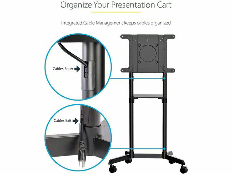 StarTech Mobile TV Cart, Portable Rolling TV Stand, 37-70 inch VESA Display Mount 154lb/70kg , Shelf & Storage, Rotate/Tilt Display