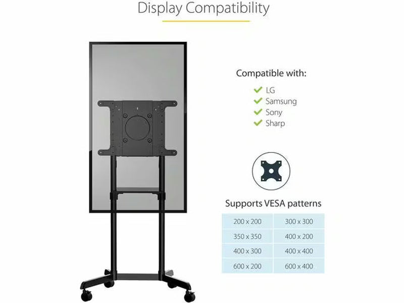 StarTech Mobile TV Cart, Portable Rolling TV Stand, 37-70 inch VESA Display Mount 154lb/70kg , Shelf & Storage, Rotate/Tilt Display