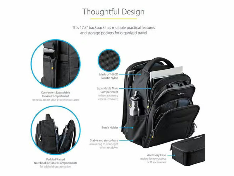 StarTech 17.3" Laptop Backpack w/ Removable Accessory Case, Professional IT Tech Backpack for Work/Travel/Commute