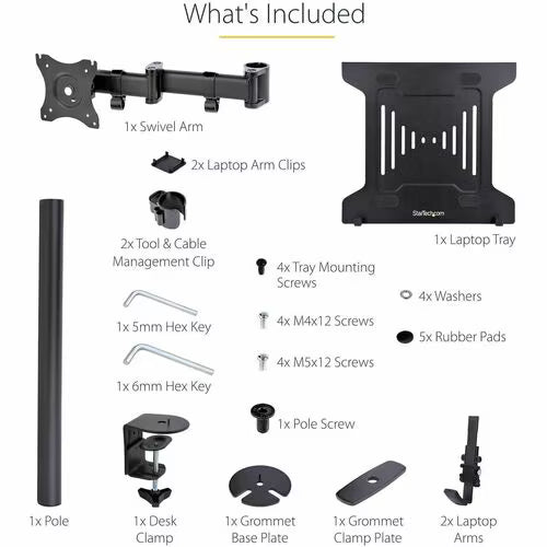StarTech Monitor and Laptop Arm Mount, Displays up to 34" (17.6lb/8kg), VESA Laptop Tray Arm, Clamp / Grommet