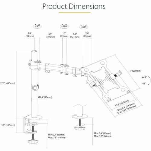 StarTech Monitor and Laptop Arm Mount, Displays up to 34" (17.6lb/8kg), VESA Laptop Tray Arm, Clamp / Grommet