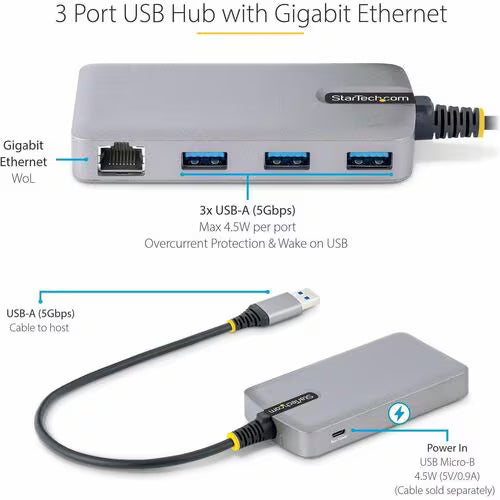 StarTech 3-Port USB Hub with Ethernet, USB-A Ports, Gigabit Ethernet/GbE, 5Gbps, 1ft/30cm Cable, Portable Laptop USB Hub