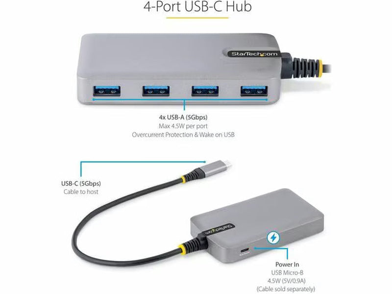 StarTech 4-Port USB-C Hub, 5Gbps, Bus Powered, 4x USB-A Ports, Optional Auxiliary Power, Portable USB Type-C Hub, 1ft/30cm Cable