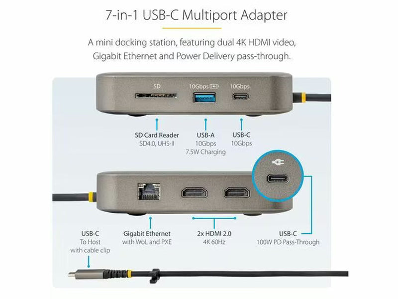StarTech USB-C Multiport Adapter, Dual HDMI Video, 4K 60Hz, 2-Port USB-A/USB-C 10Gbps Hub, 100W PD, GbE, SD, 22" 56cm Cable