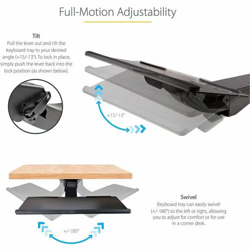 StarTech Under Desk Keyboard Tray, Height Adjustable Keyboard and Mouse Tray (10" x 26"), Ergonomic Computer Keyboard Tray w/Mouse Pad