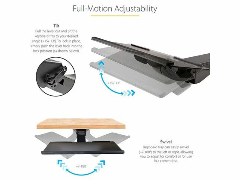 StarTech Under Desk Keyboard Tray, Height Adjustable Keyboard and Mouse Tray 10" x 26" , Ergonomic Computer Keyboard Tray w/Mouse Pad