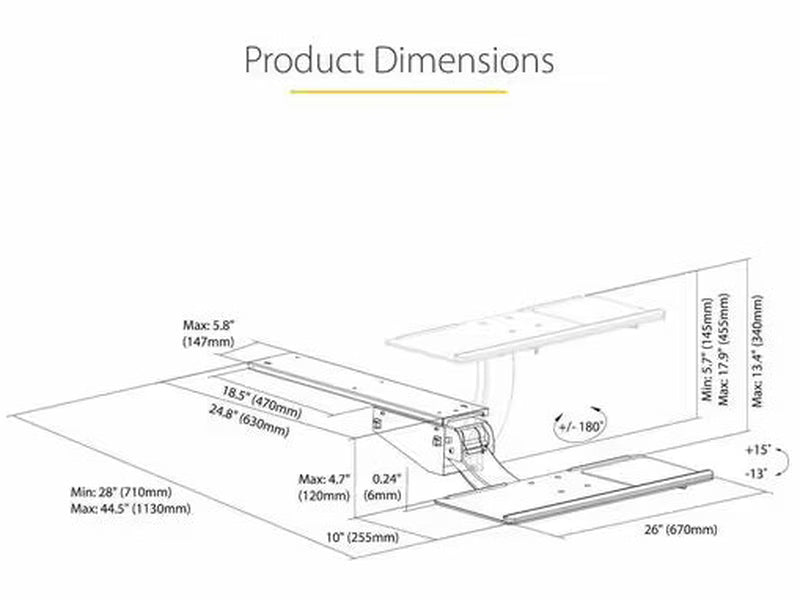 StarTech Under Desk Keyboard Tray, Height Adjustable Keyboard and Mouse Tray 10" x 26" , Ergonomic Computer Keyboard Tray w/Mouse Pad